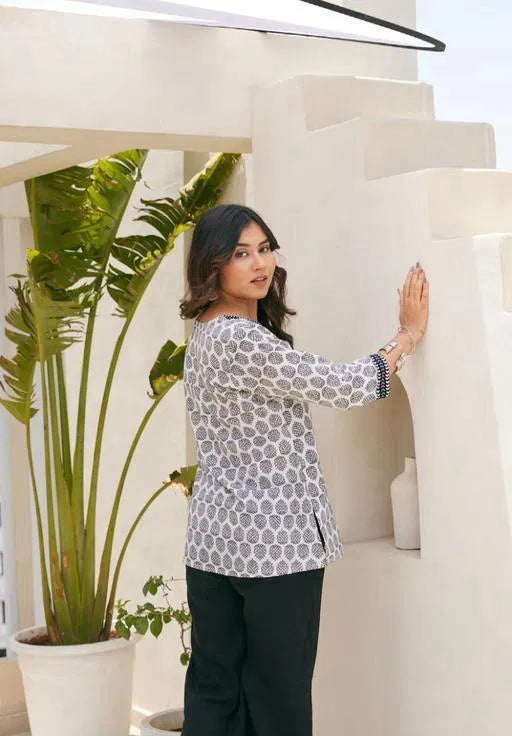 Stylish White Multicolor hand block print cotton kurti for Girls and Women