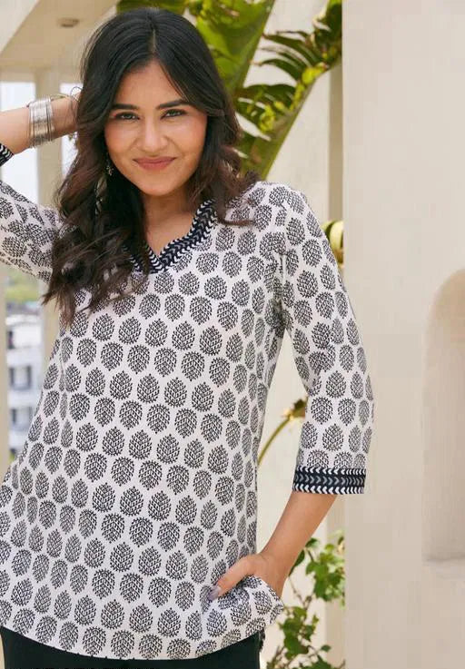 Stylish White Multicolor hand block print cotton kurti for Girls and Women