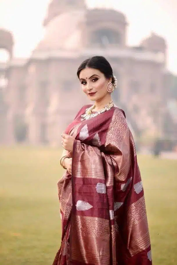 Art Silk Saree With Blouse For Women (Dark Red, 6.3M)