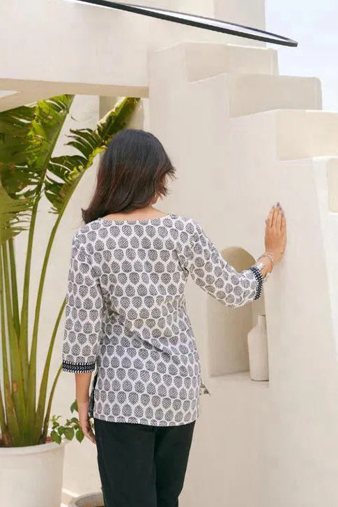 Stylish White Multicolor hand block print cotton kurti for Girls and Women